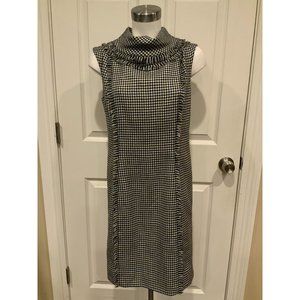Oscar De La Renta Black, Blue & White Houndstooth Fringe Turtleneck Dress Sz 8